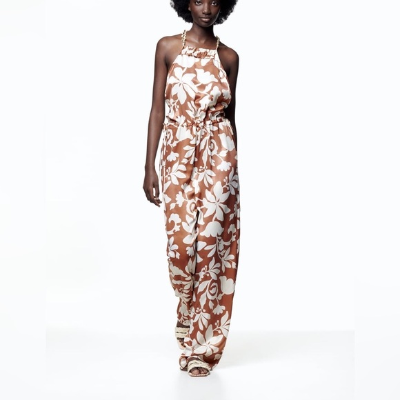 Zara Pants - Zara nwt floral printed boho halter satin effect wide leg jumpsuit with chain